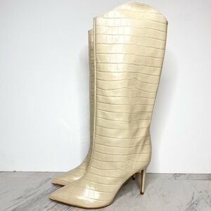 Schutz Maryana Eggshell Crocodile Embossed Leather Tall Heeled Boot 11B